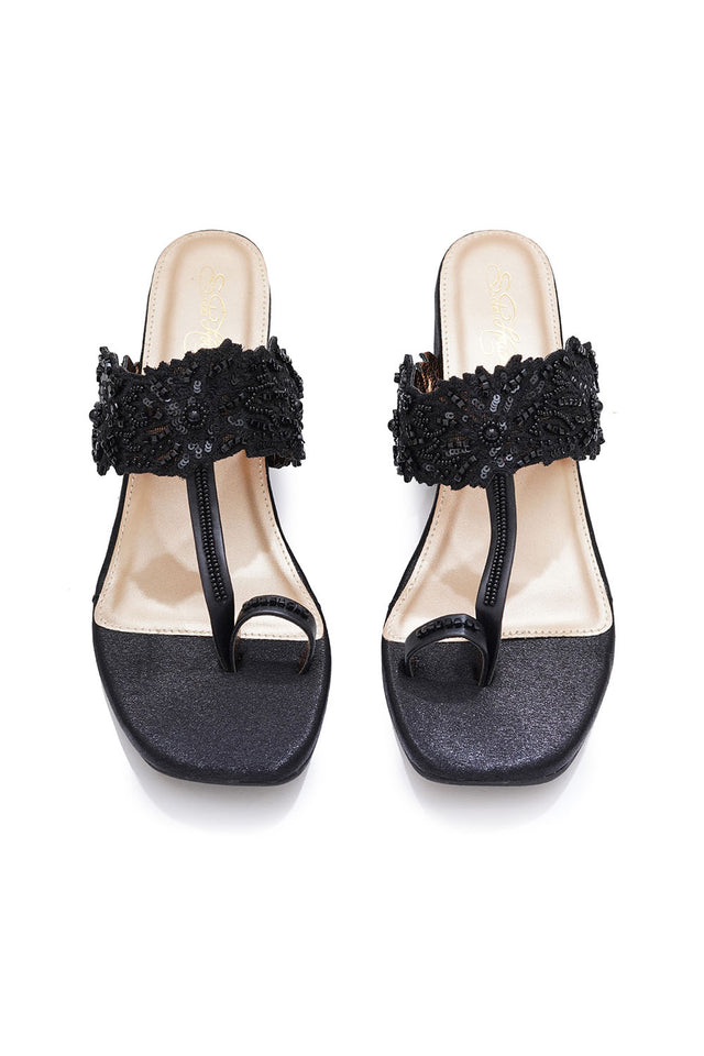 Black Embroidered Pu Leather Heels
