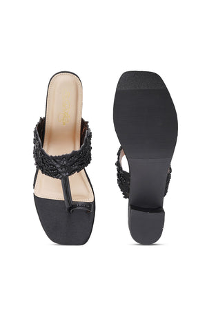 Black Embroidered Pu Leather Heels