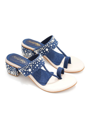 Blue Embellished Pu Leather Heels