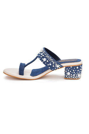 Blue Embellished Pu Leather Heels