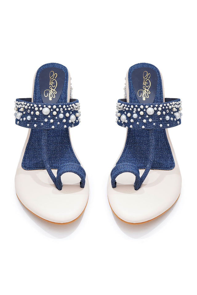 Blue Embellished Pu Leather Heels