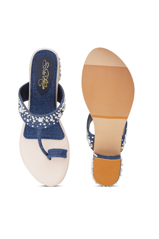 Blue Embellished Pu Leather Heels