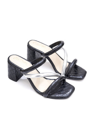 Black Checkered Pu Leather Heels