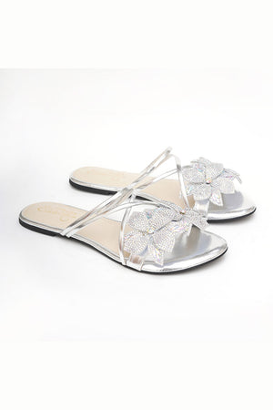 Silver Embellished Pu Leather Flats