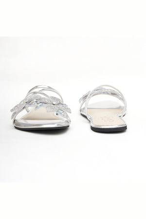 Silver Embellished Pu Leather Flats