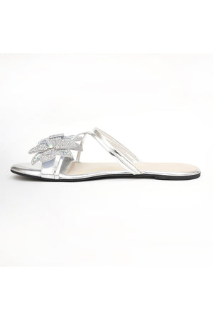 Silver Embellished Pu Leather Flats