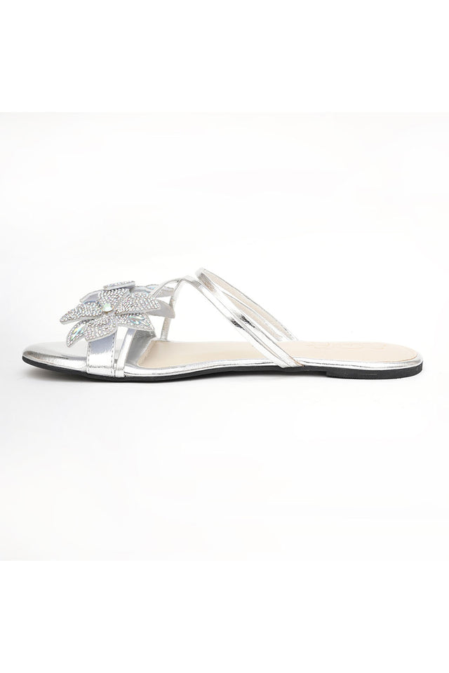 Silver Embellished Pu Leather Flats