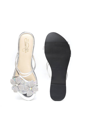 Silver Embellished Pu Leather Flats