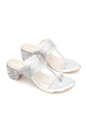 Silver Embroidered Pu Leather Heels