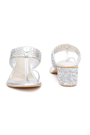 Silver Embroidered Pu Leather Heels