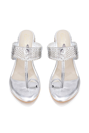 Silver Embroidered Pu Leather Heels