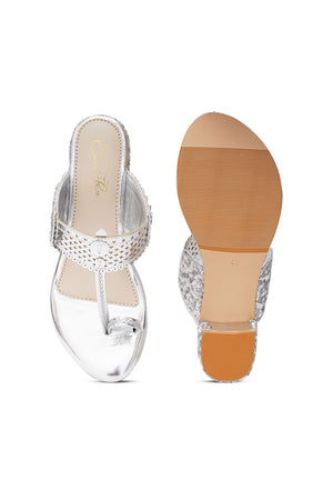 Silver Embroidered Pu Leather Heels