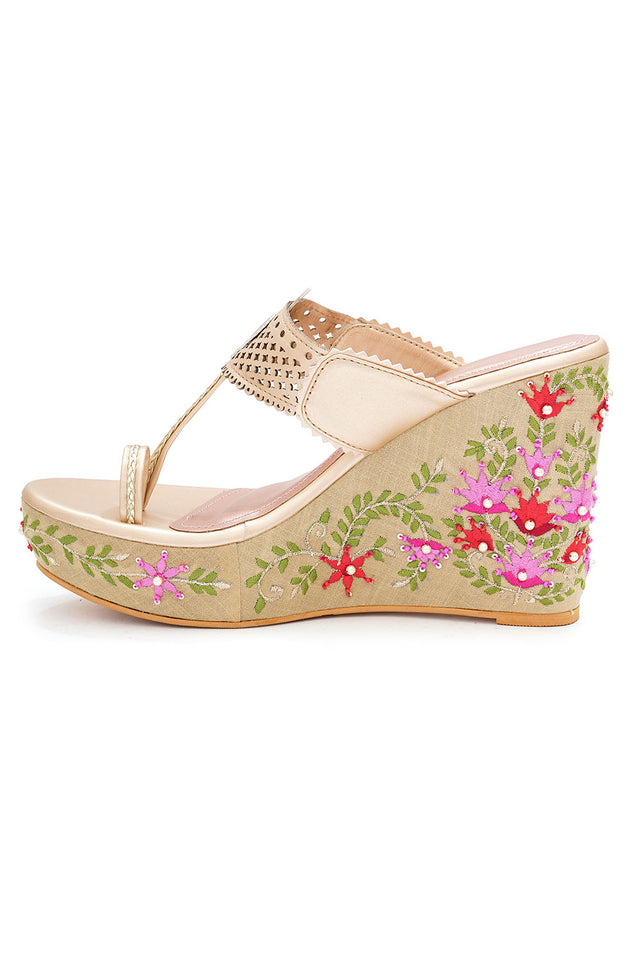 Multi Color Floral Embroidered Pu Leather Wedges