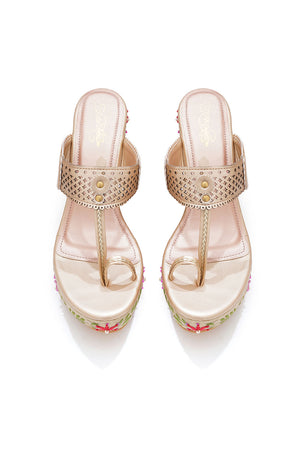 Multi Color Floral Embroidered Pu Leather Wedges