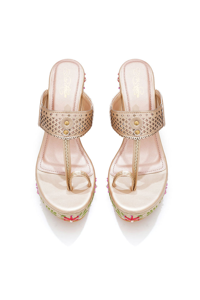 Multi Color Floral Embroidered Pu Leather Wedges