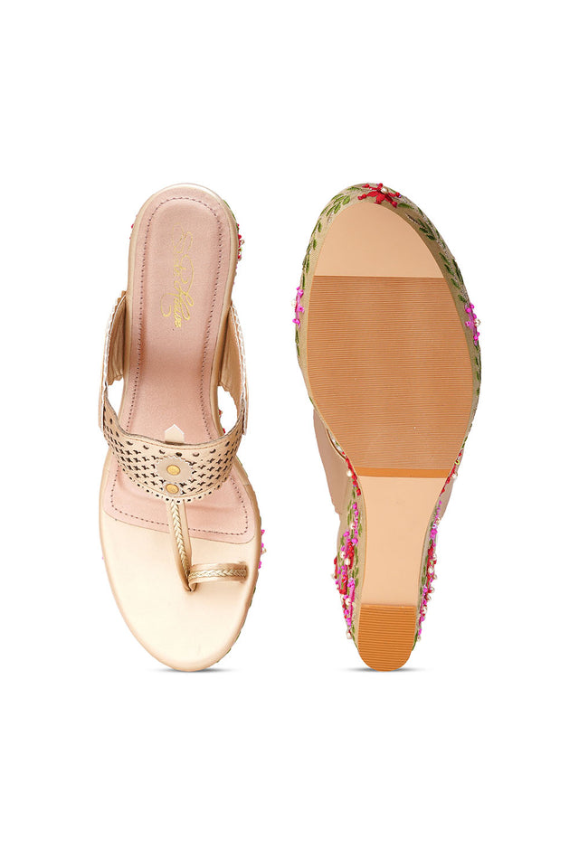 Multi Color Floral Embroidered Pu Leather Wedges