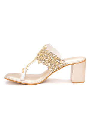 Gold Embellished Pu Leather Heels