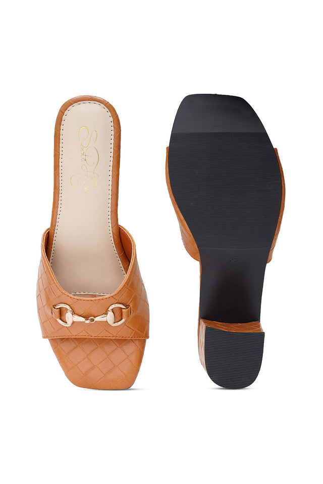 Brown Checkered Pu Leather Heels