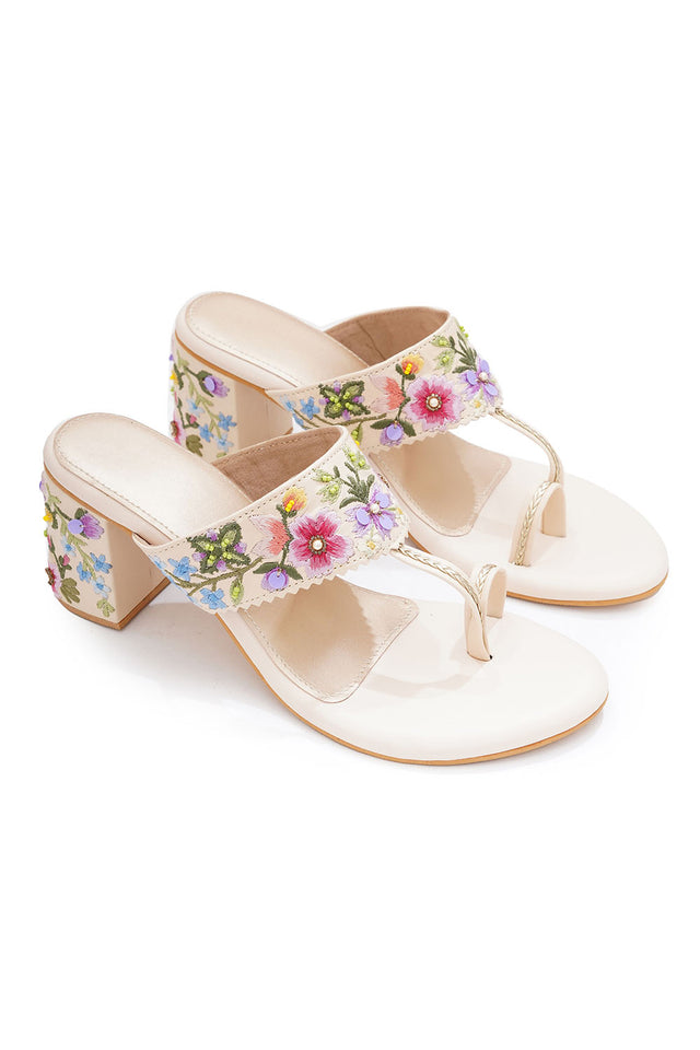 Multi Color Floral Embroidered Pu Leather Heels