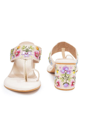 Multi Color Floral Embroidered Pu Leather Heels