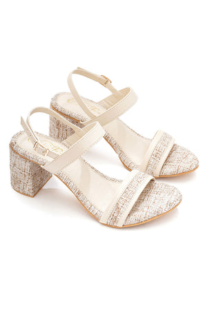 Cream Checkered Pu Leather Heels