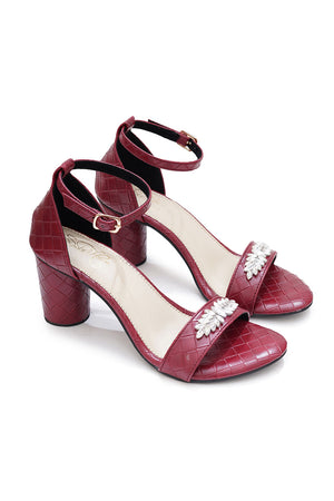 Maroon Embellished Pu Leather Heels
