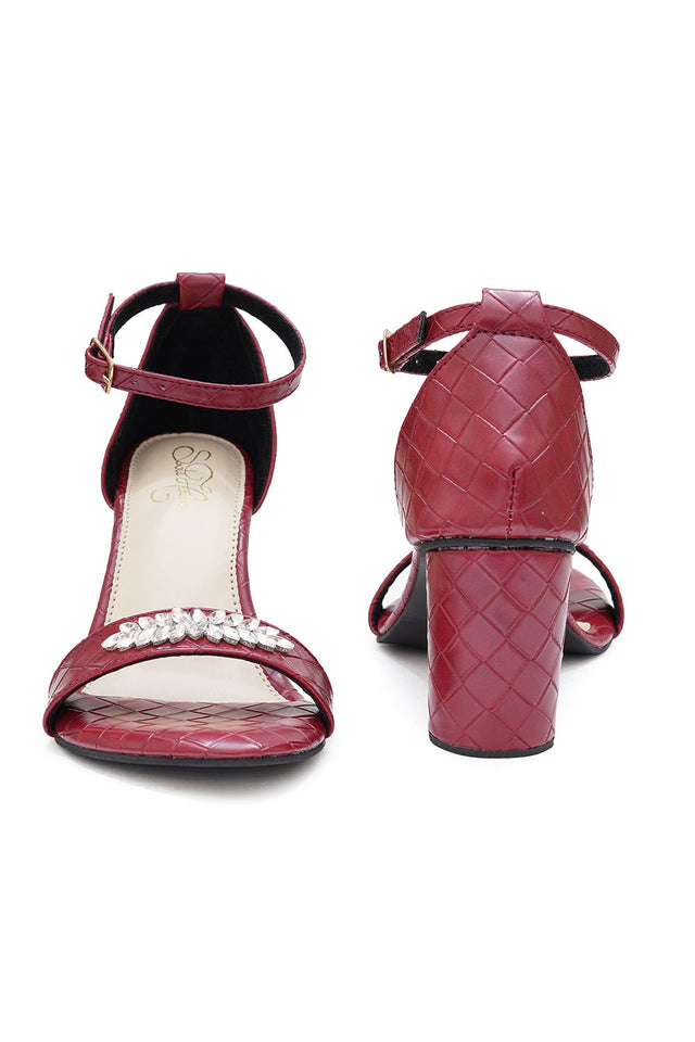 Maroon Embellished Pu Leather Heels