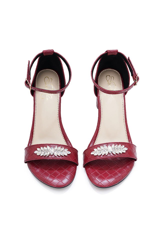 Maroon Embellished Pu Leather Heels