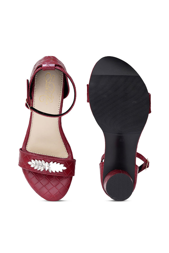 Maroon Embellished Pu Leather Heels