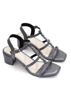 Grey Checkered Pu Leather Heels