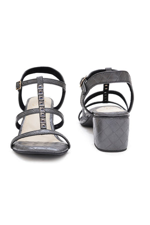 Grey Checkered Pu Leather Heels