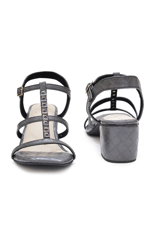 Grey Checkered Pu Leather Heels