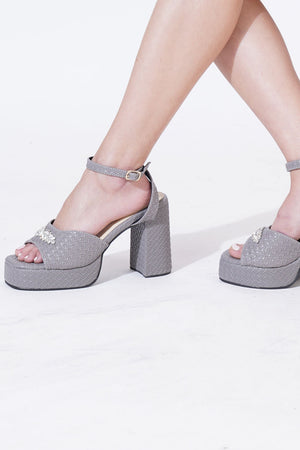 Grey Checkered Pu Leather Heels