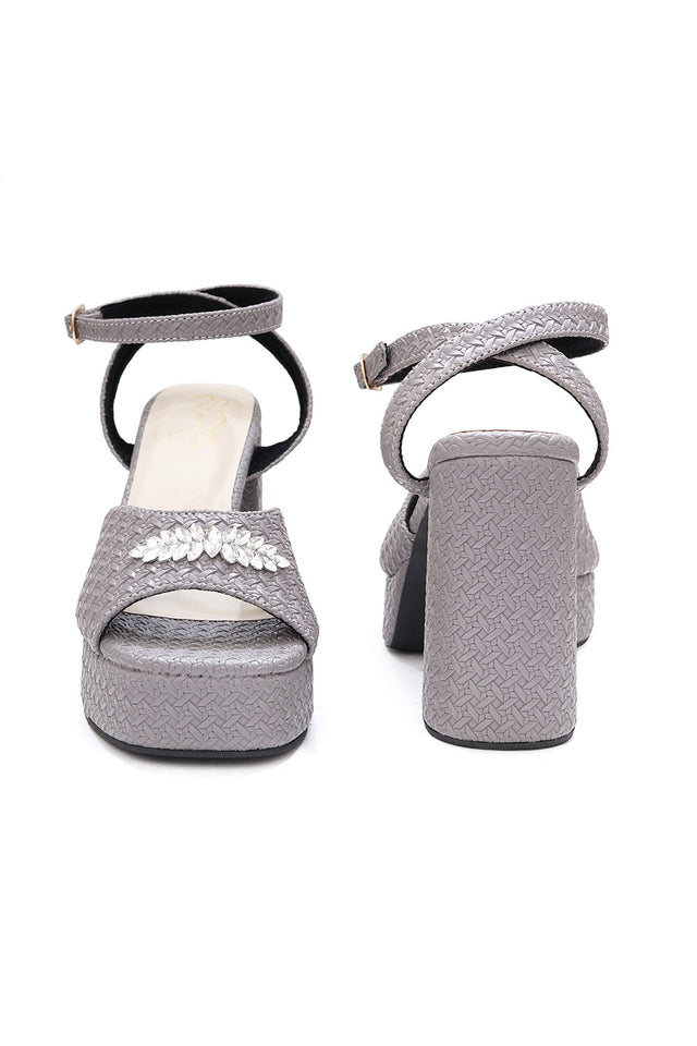 Grey Checkered Pu Leather Heels