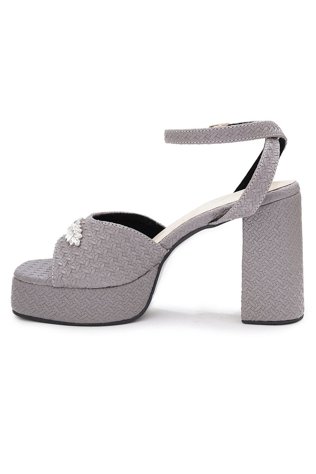 Grey Checkered Pu Leather Heels