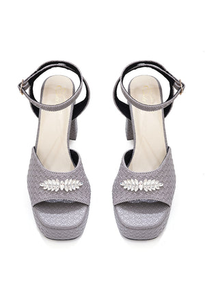 Grey Checkered Pu Leather Heels