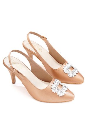 Beige Embellished Pu Leather Heels