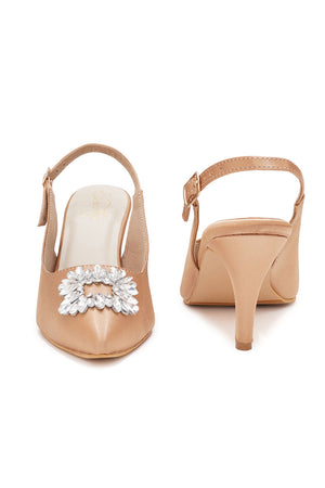 Beige Embellished Pu Leather Heels