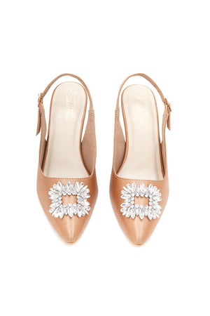 Beige Embellished Pu Leather Heels