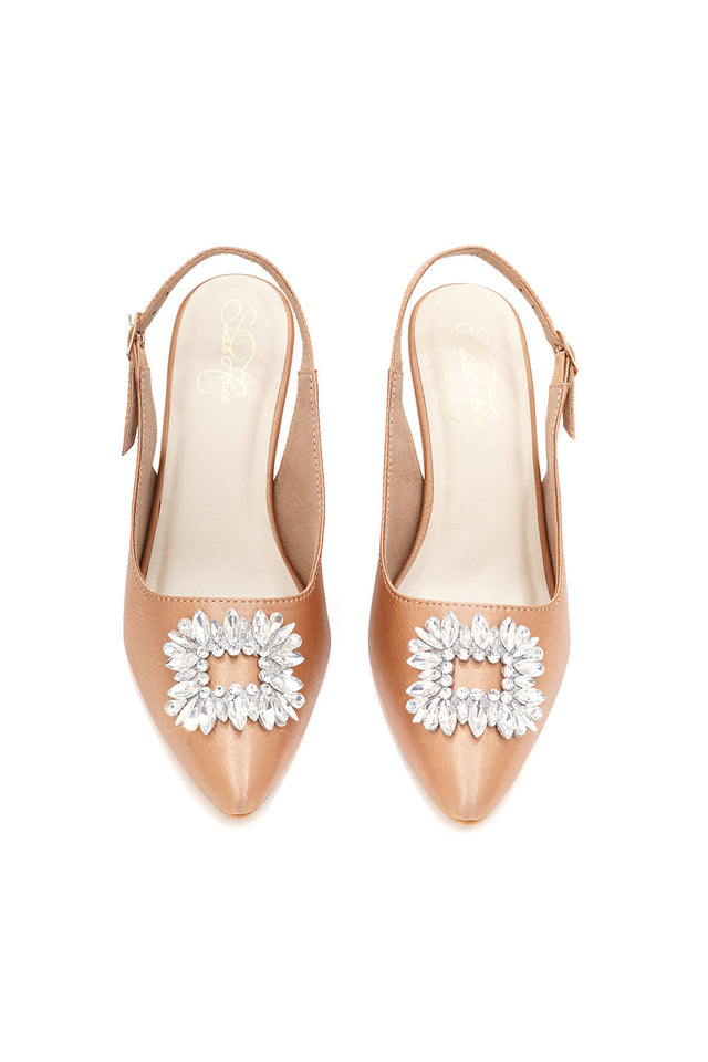 Beige Embellished Pu Leather Heels