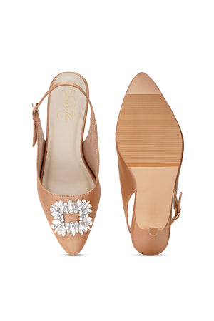 Beige Embellished Pu Leather Heels