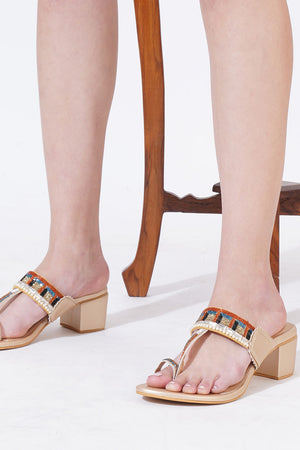 Gold Embellished Pu Leather Heels