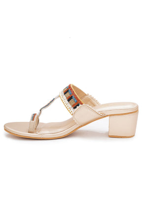 Gold Embellished Pu Leather Heels