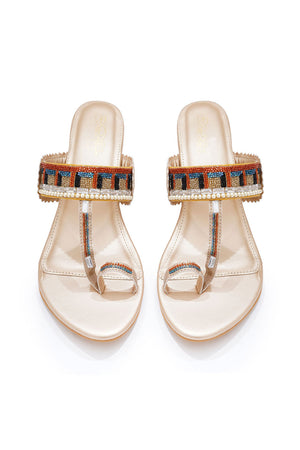 Gold Embellished Pu Leather Heels