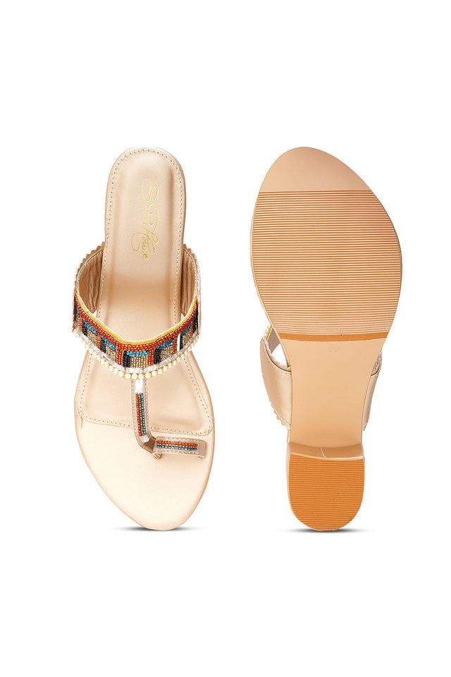 Gold Embellished Pu Leather Heels