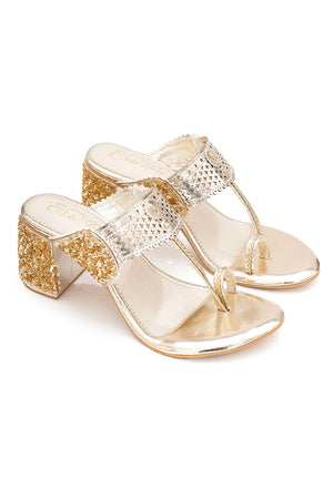 Gold Embroidered Pu Leather Heels