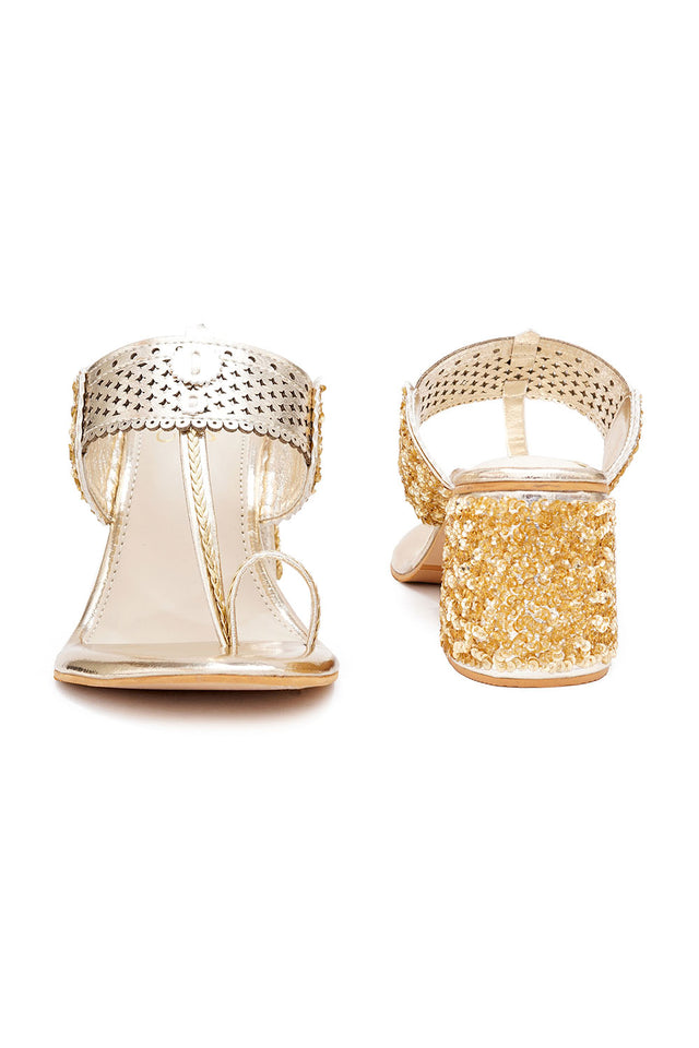 Gold Embroidered Pu Leather Heels