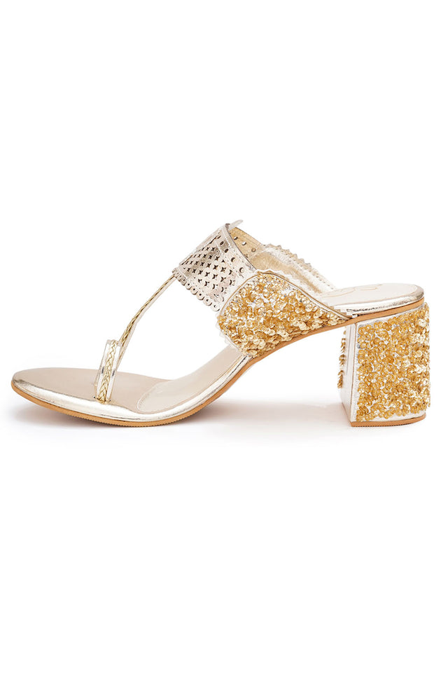 Gold Embroidered Pu Leather Heels