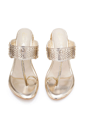 Gold Embroidered Pu Leather Heels