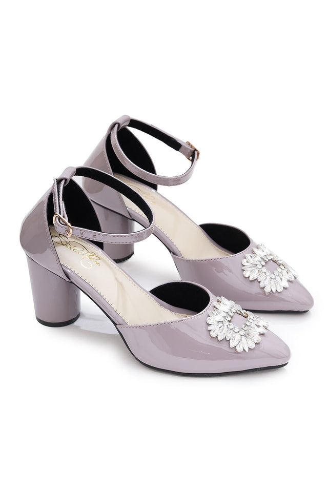 Grey Embellished Pu Leather Heels